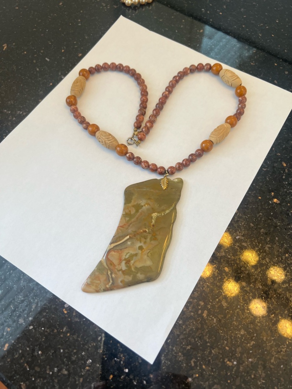 Handmade Olive Green Jasper like Pendant Necklace with Brown stone Beads